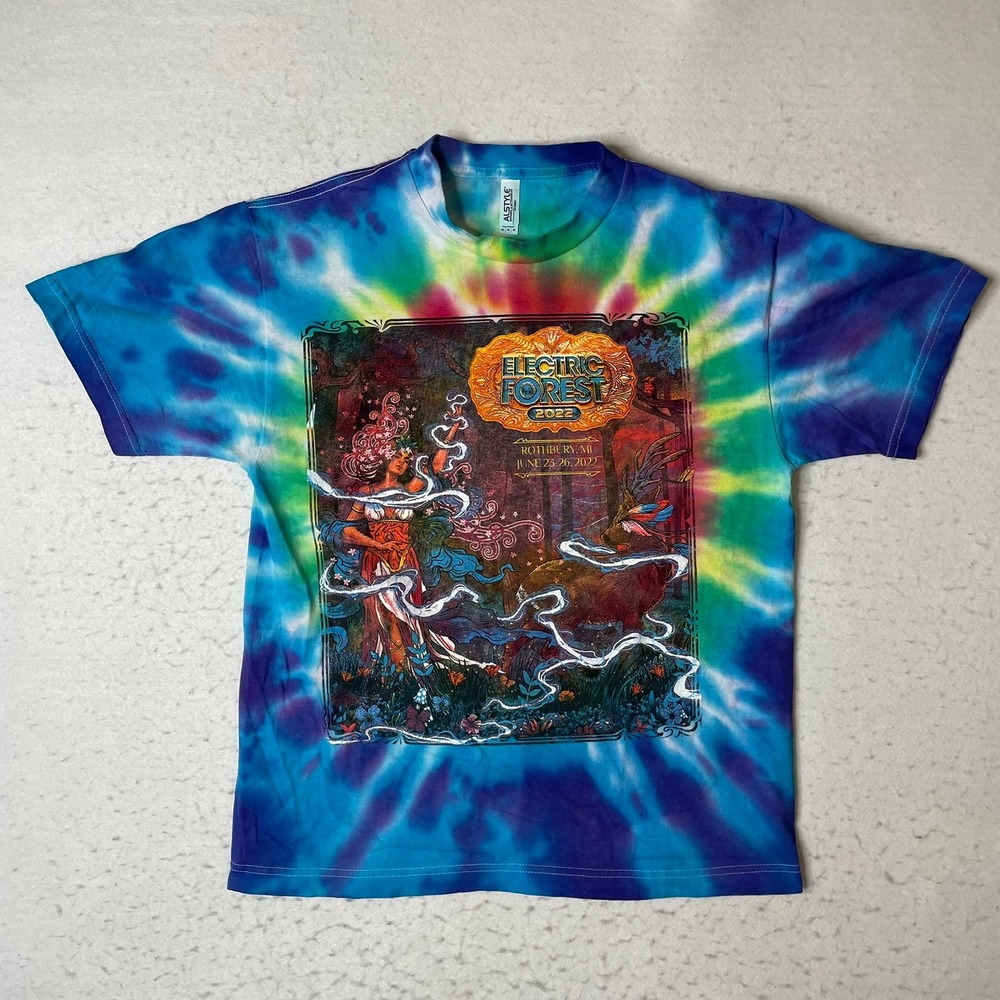 Electric Forest 2022 Music Festival Tie Dye Shirt Alstyle Mens Medium Blue Multi